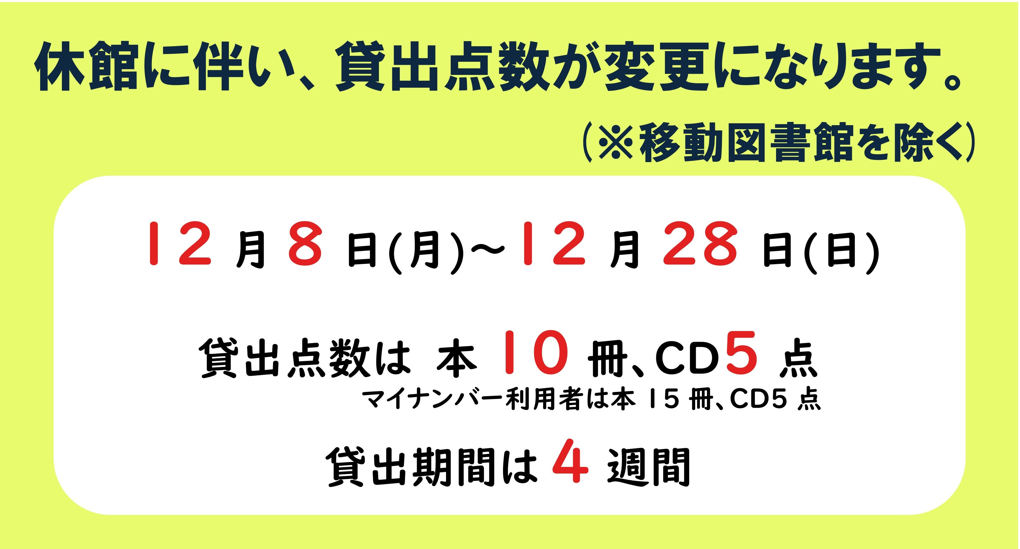 休館に伴い、貸出点数が変更になります。
